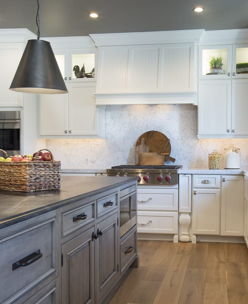 kitchen remodel white cabinets, grey island