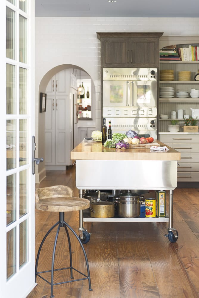 kitchen remodel, white subway tile, stainless island cart