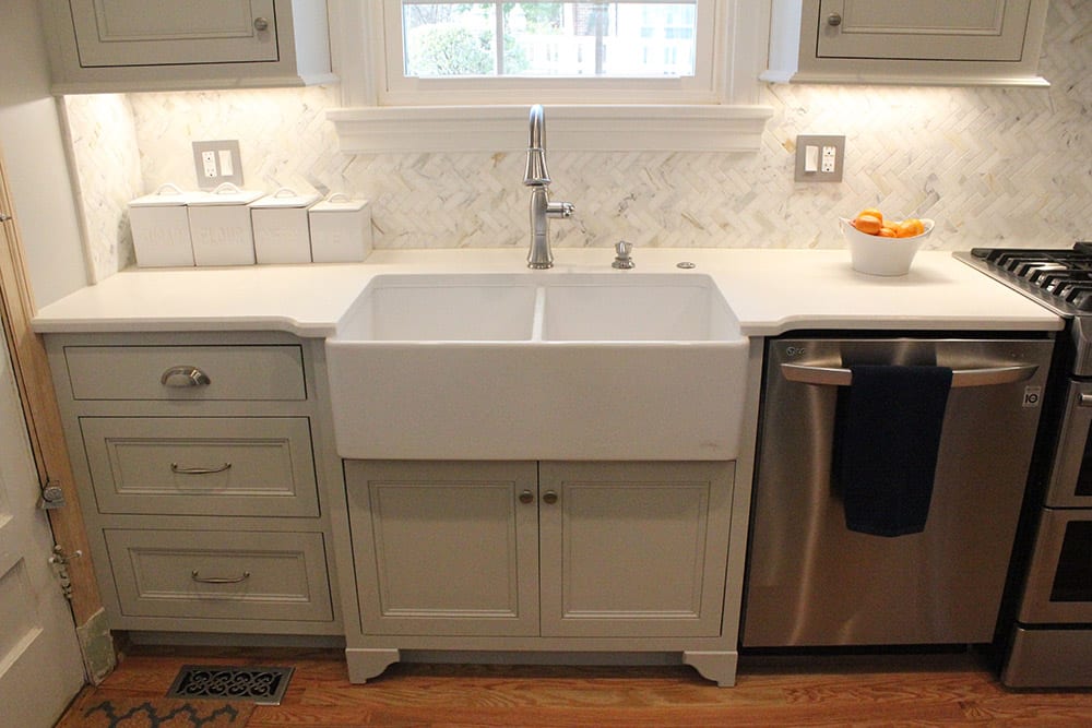 small kitchen remodel, farm sink, apron sink, chevron backsplash, white kitchen