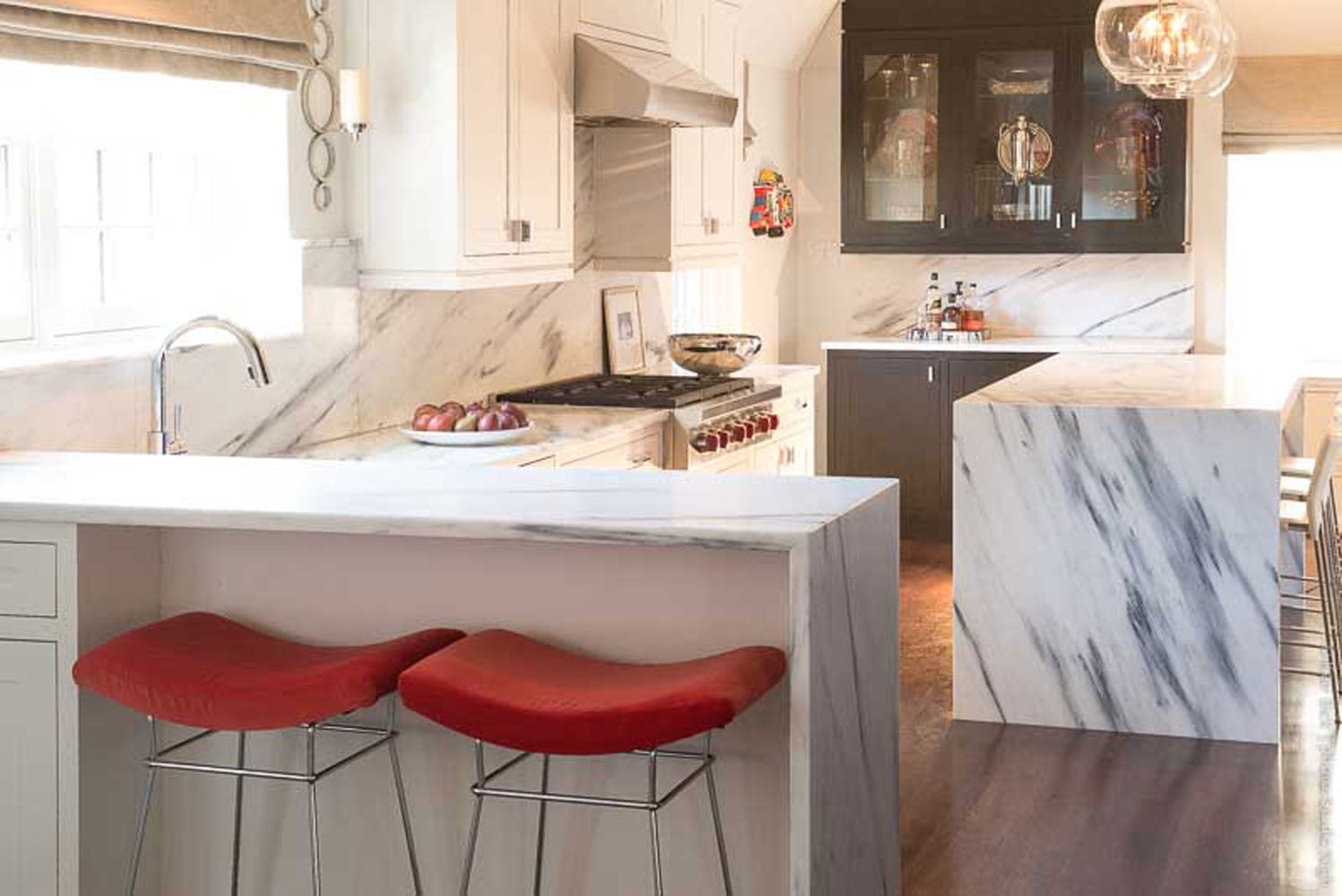 kitchen remodel white cabinets, white marble, dark cabinets, contemporary