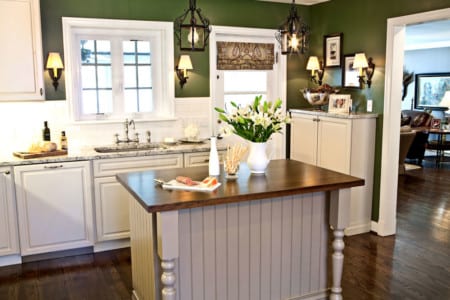 kitchen remodel white cabinets, white island, transitional