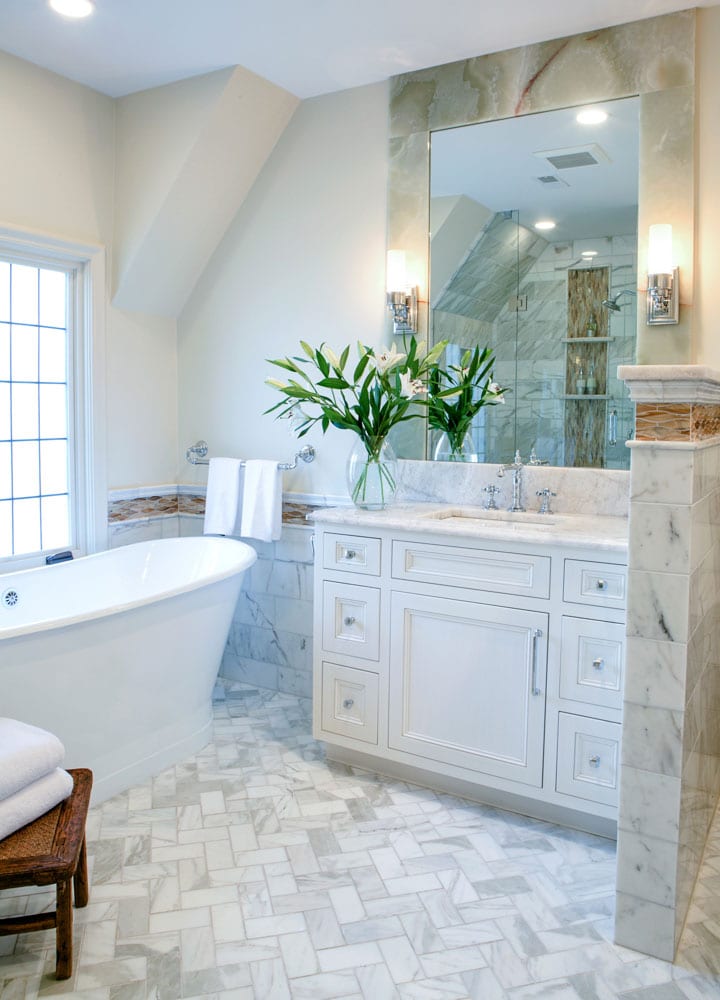 bathroom remodel white, herringbone tile, bathtub