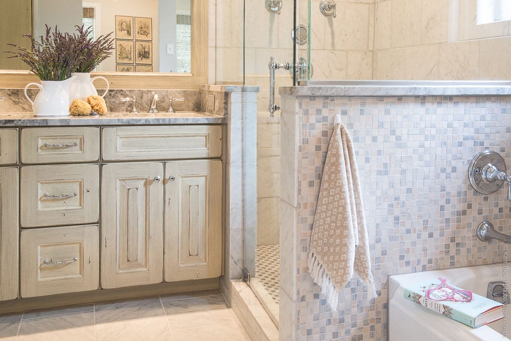 bathroom remodel distressed white cabinets, tile shower