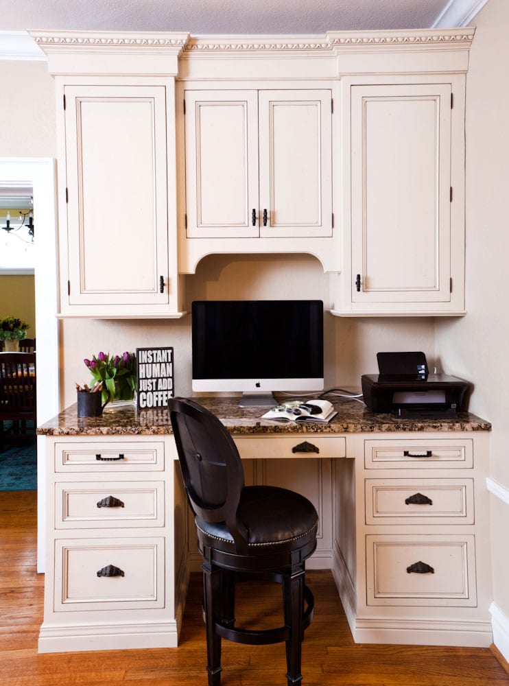 desk, white cabinets