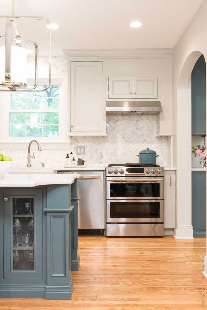 small kitchen remodel, blue and grey kitchen, stainless appliances