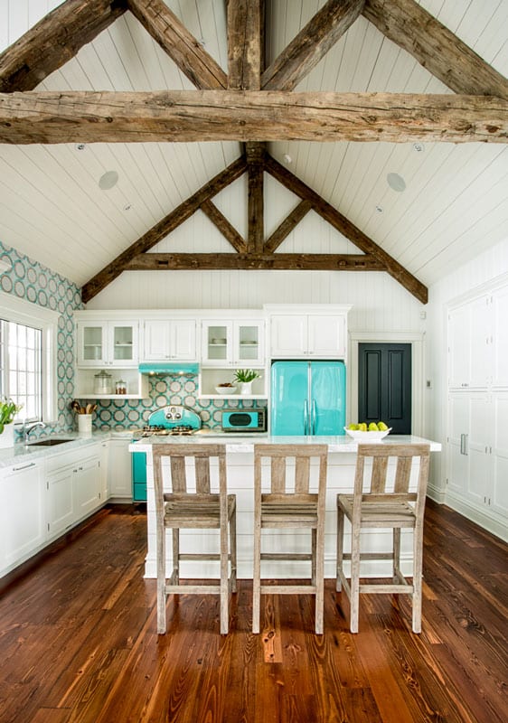white pool house kitchen remodel with wood beam ceiling