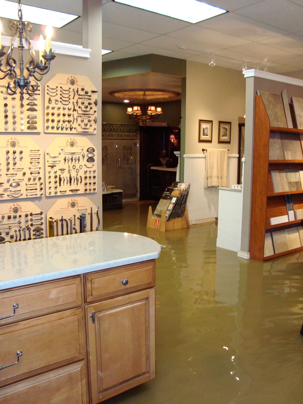 flood water in showroom selection area