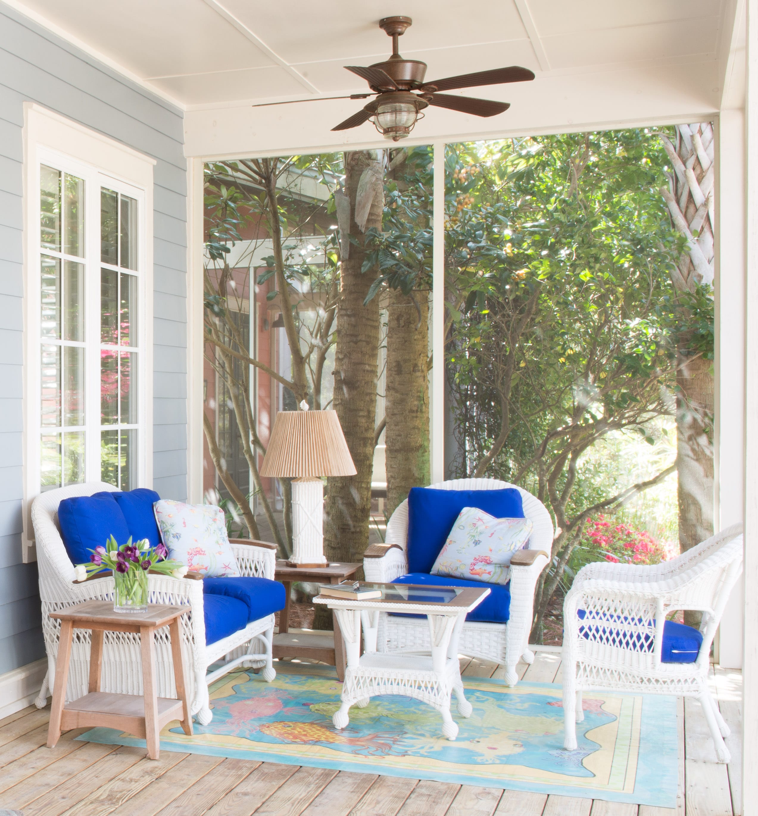 outdoor screened porch Blue and White Patio Set