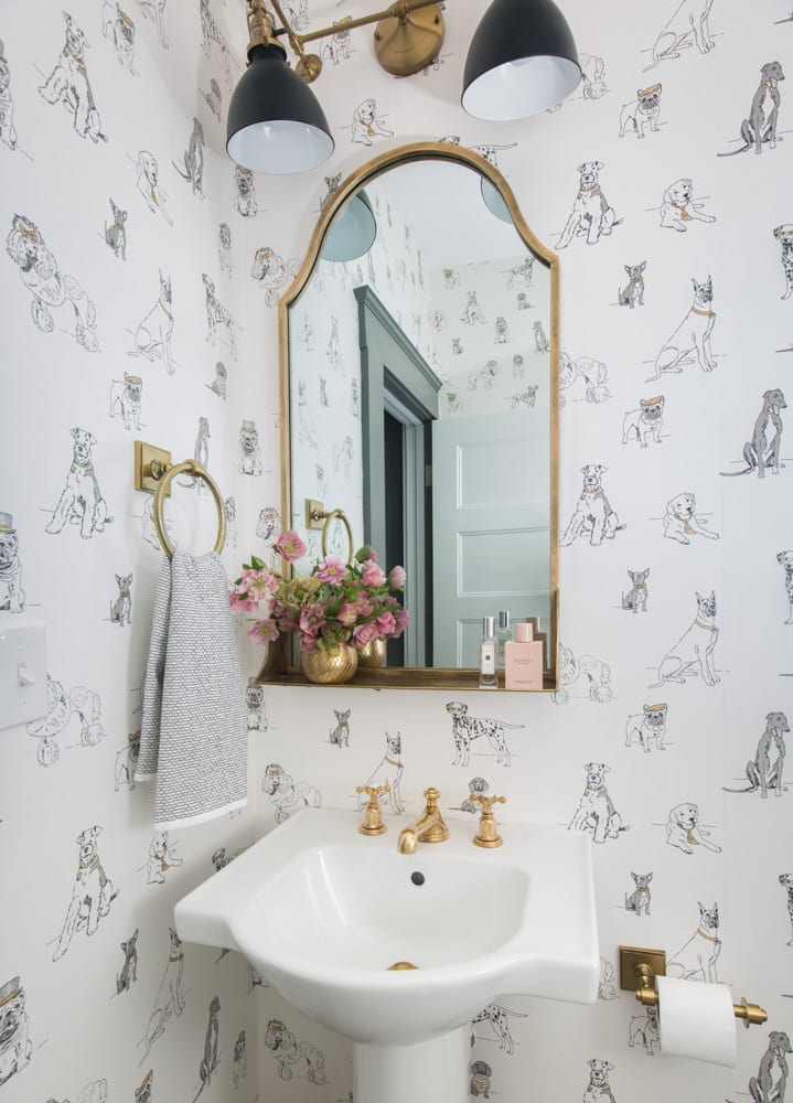 Small bathroom with a white sink and gold accents along with dog-patterned wallpaper on both walls.
