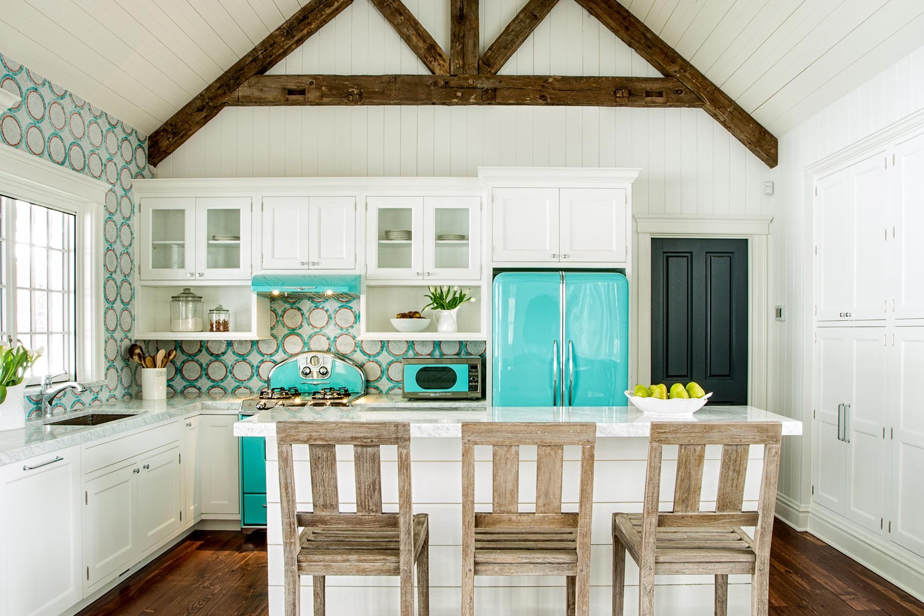 Cottage style kitchen remodel with teal and white accents