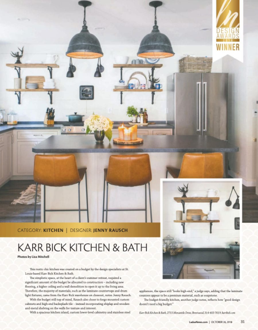 a page from St. Louis at home Magazine featuring an award winning industrial Karr Bick kitchen design