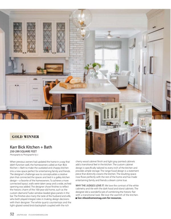 a page from St. Louis at home Magazine featuring an award winning white and wooden Karr Bick kitchen design