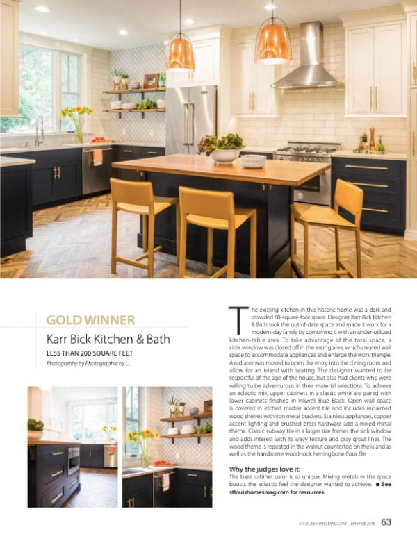 a page from St. Louis at home Magazine featuring an award winning navy and white Karr Bick kitchen design