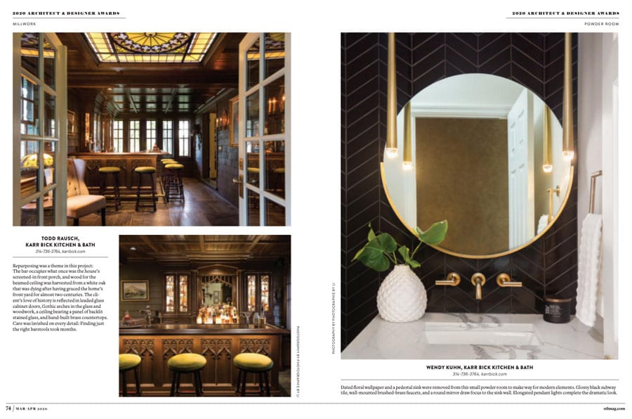 pages from St. Louis at home Magazine featuring award winning Karr Bick kitchen and bath designs