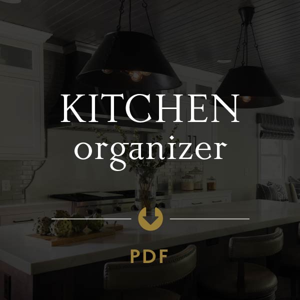 A graphic with white text that reads "Kitchen organizer" with an arrow pointing down to the text "PDF"