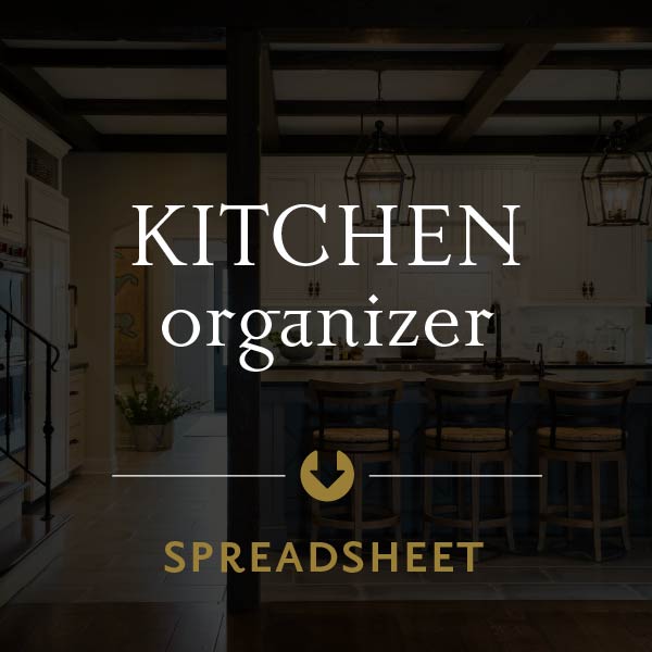 A graphic with white text that reads "Kitchen organizer" with an arrow pointing down to the text "Spreadsheet"