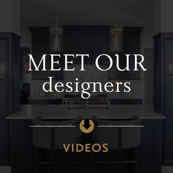 A graphic with white text that reads "Meet our designers" with an arrow pointing down to the text "videos"