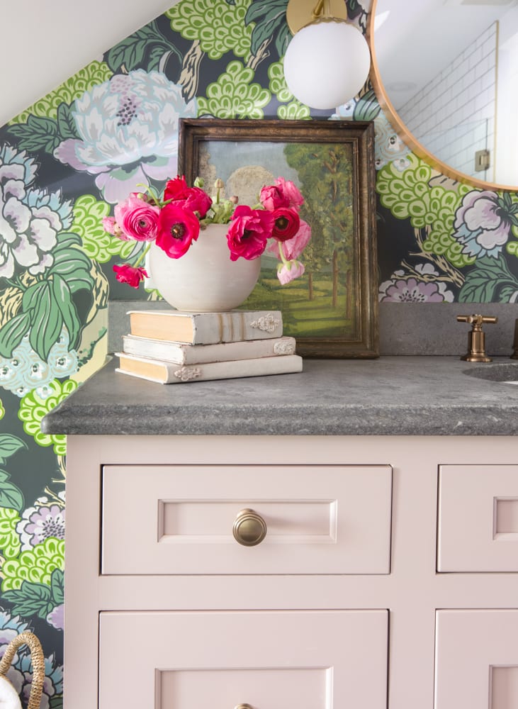 close-up of pink cabinets and grey countertops