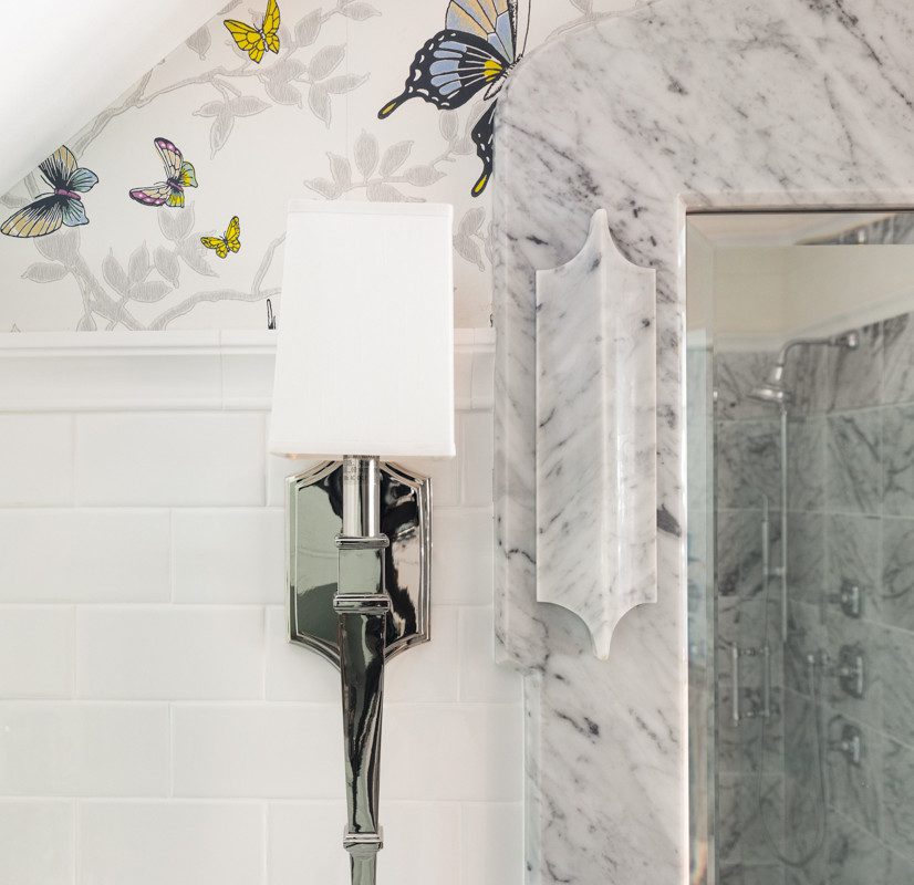 white and grey bathroom with butterfly wallpaper