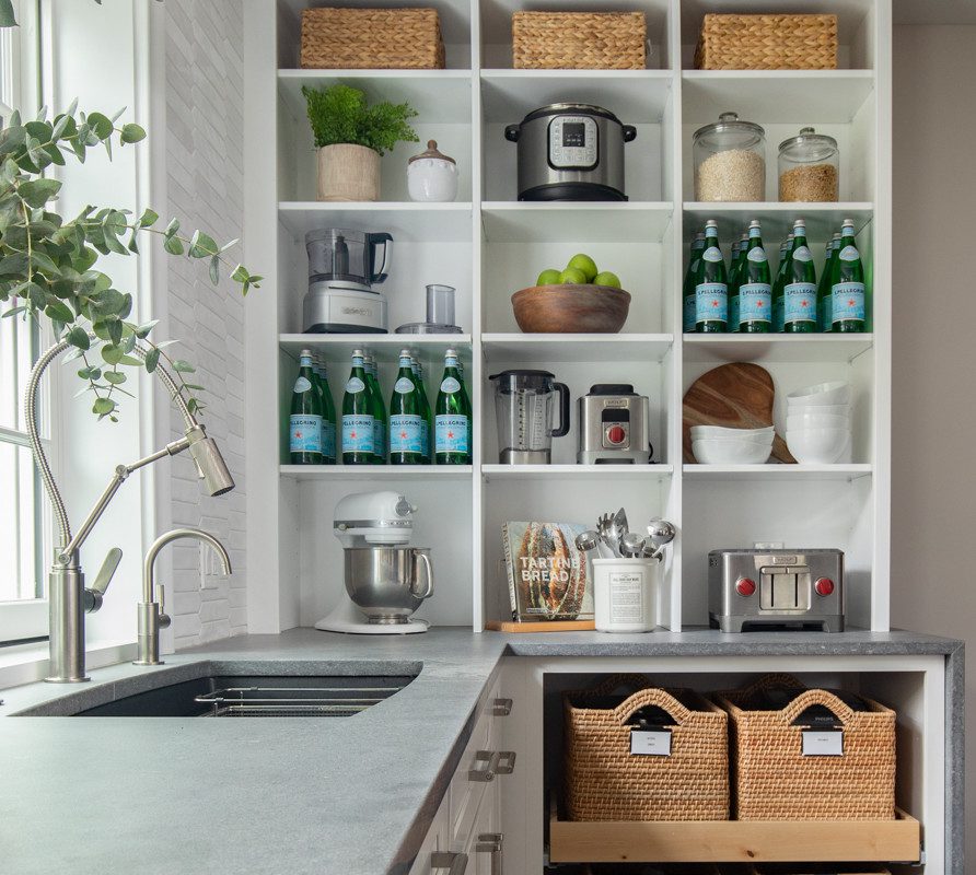open concept shelving in a bright kitchen