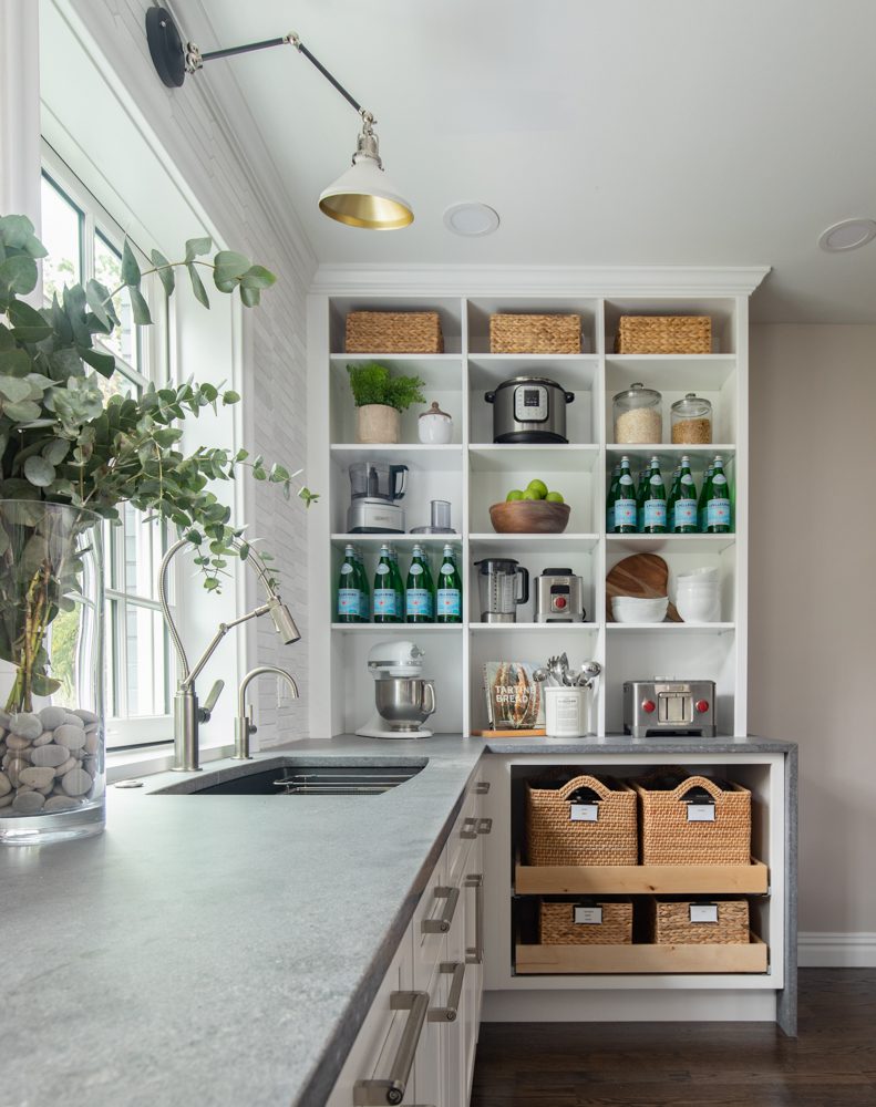 kitchen with grey countertops and open concept shelving