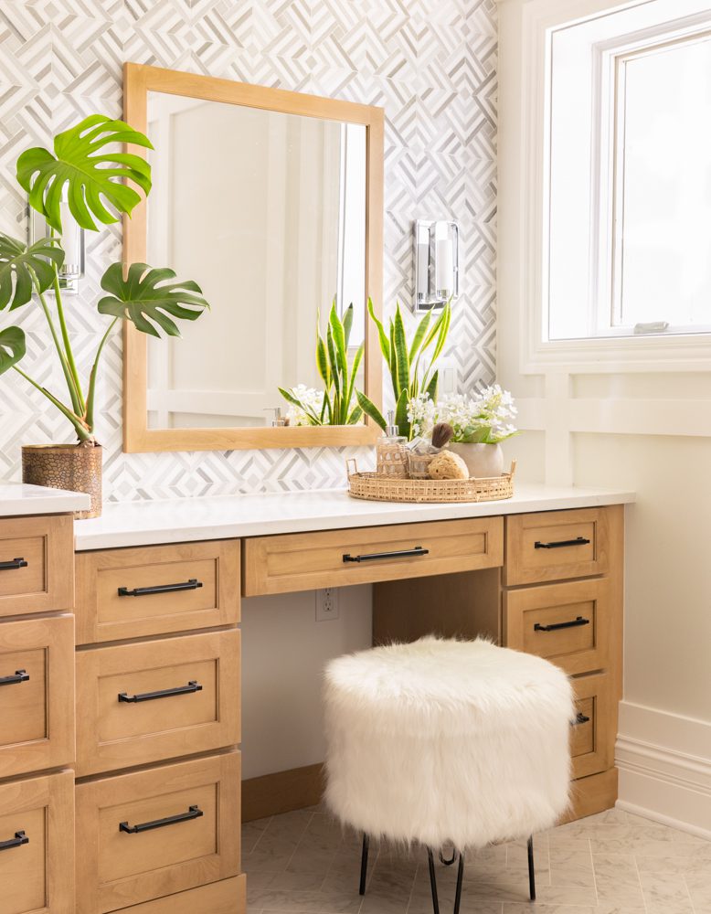gorgeous vanity with natural wood accents and natural light