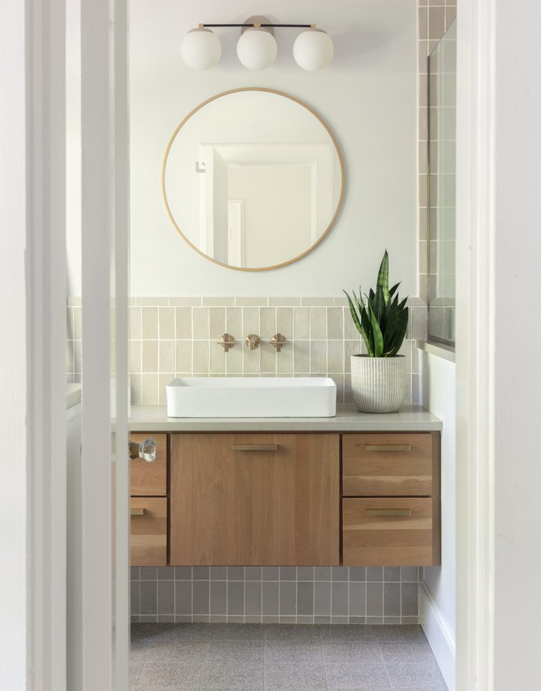 a modern vanity with natural accents and neutrals