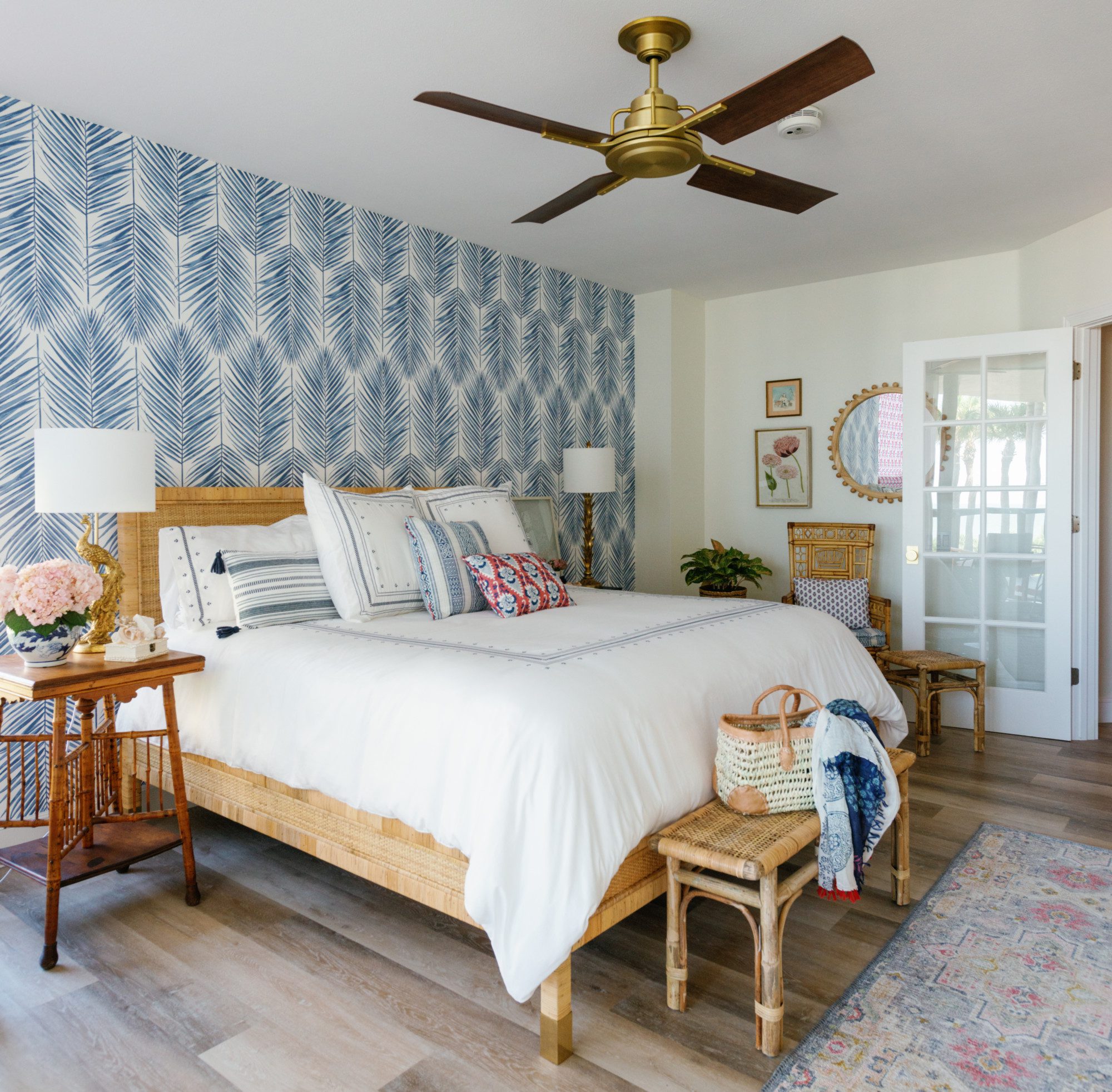 a bohemian bedroom with natural and coastal accents
