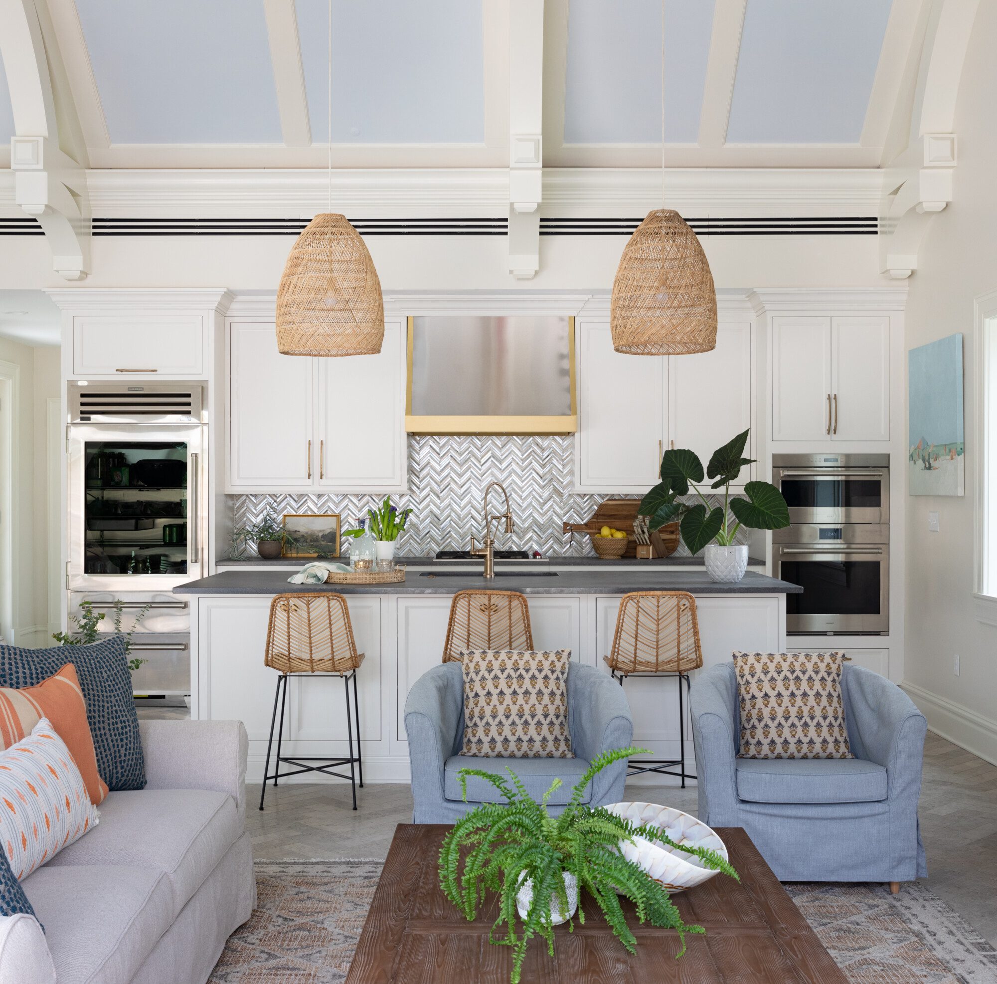 Bright coastal kitchen and seating area