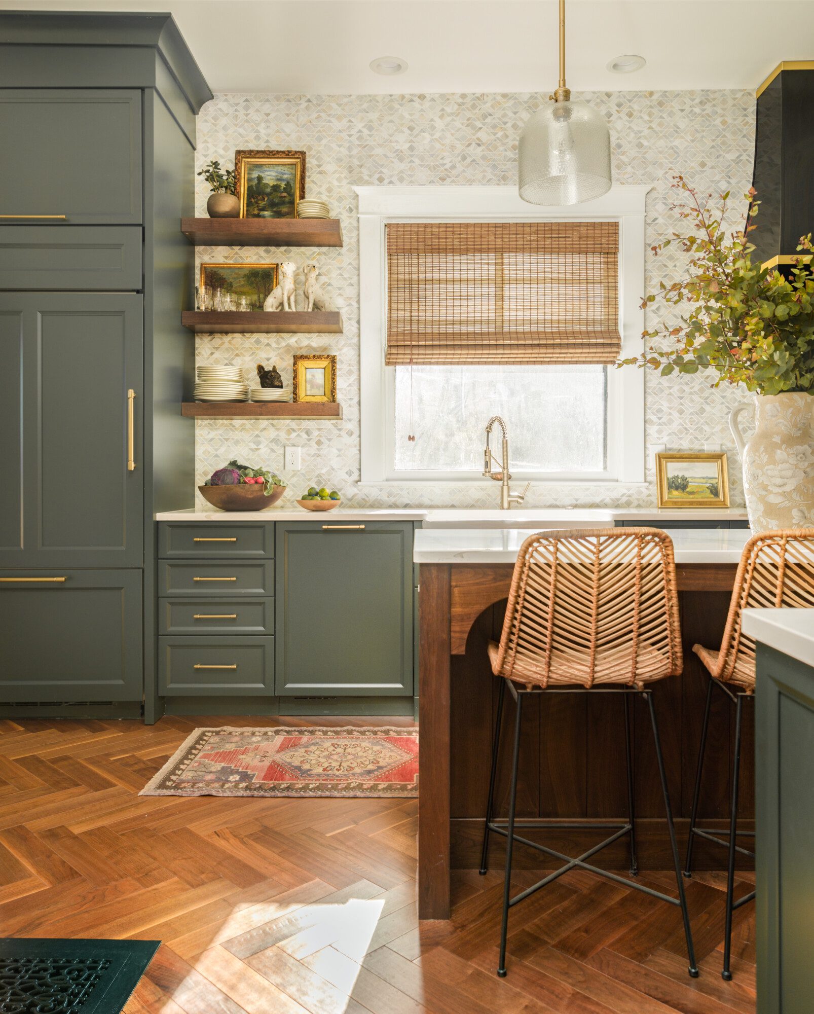 light wood accents play wonderfully with the greens in the sunny kitchen