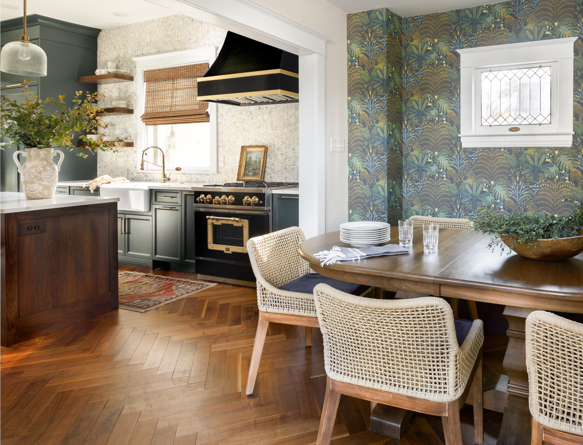 green ornate wallpaper in a beautiful sunlit kitchen