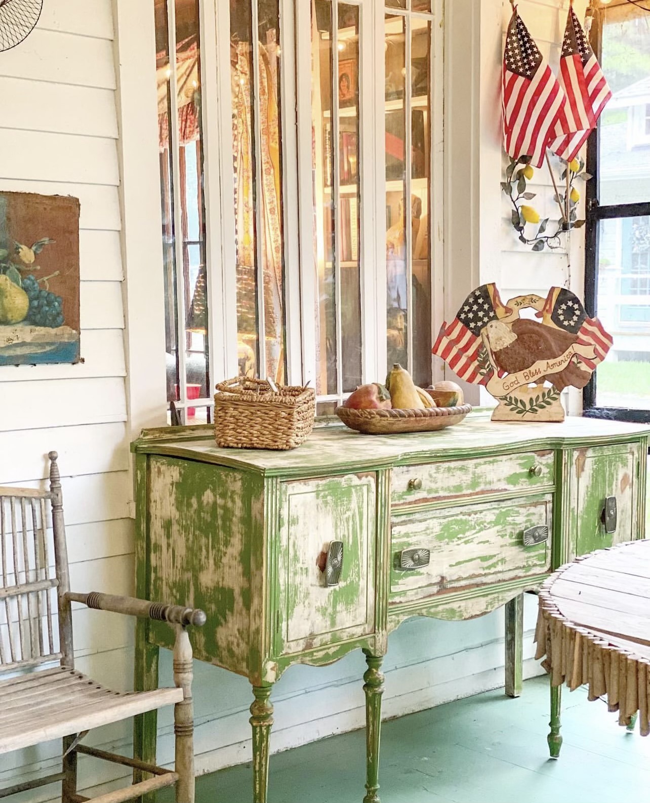 a buffet table is the focal point in this entryway