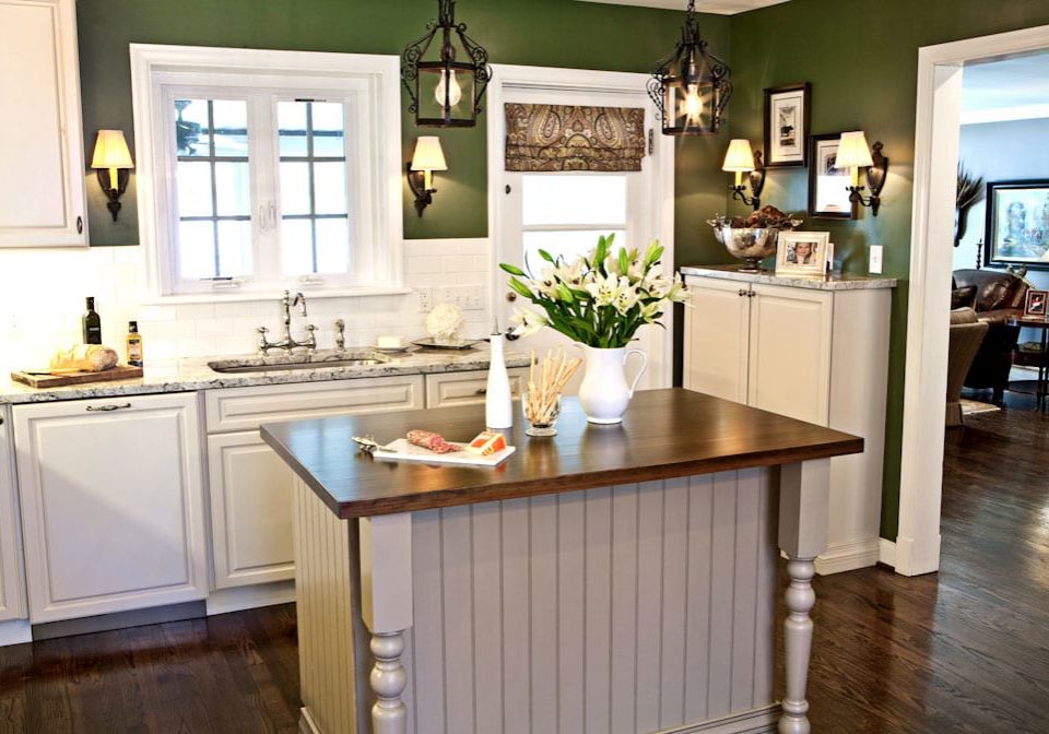 kitchen remodel white cabinets, white island, transitional
