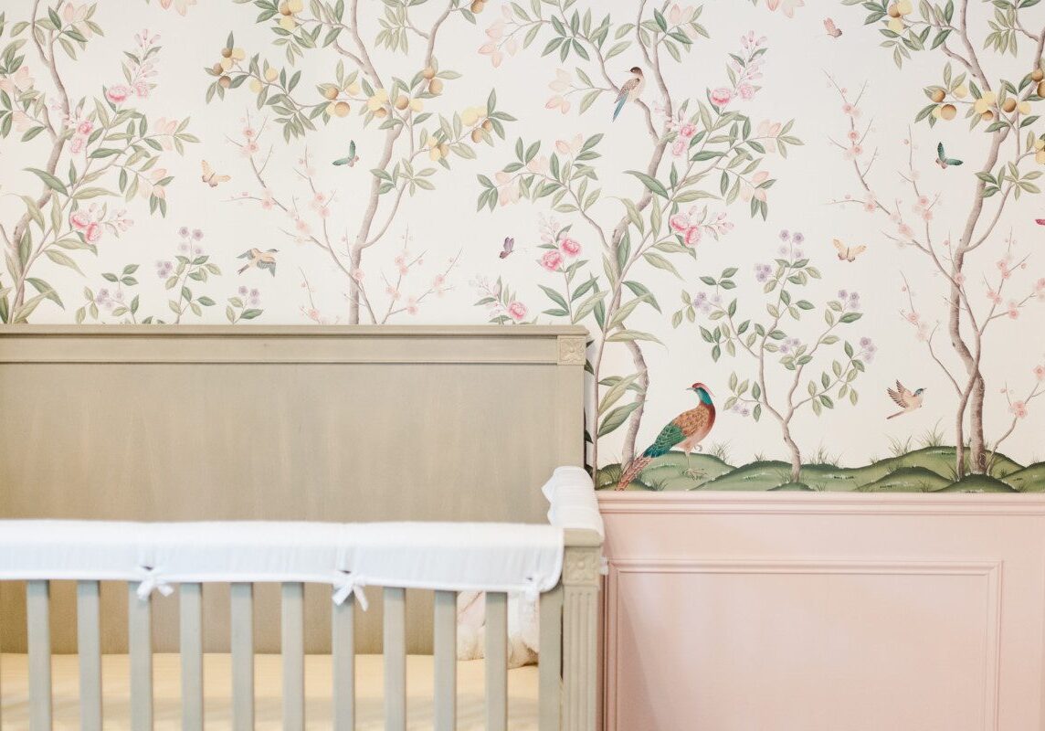 Obradovits Family whimsical pastel nursery with floral wallpaper